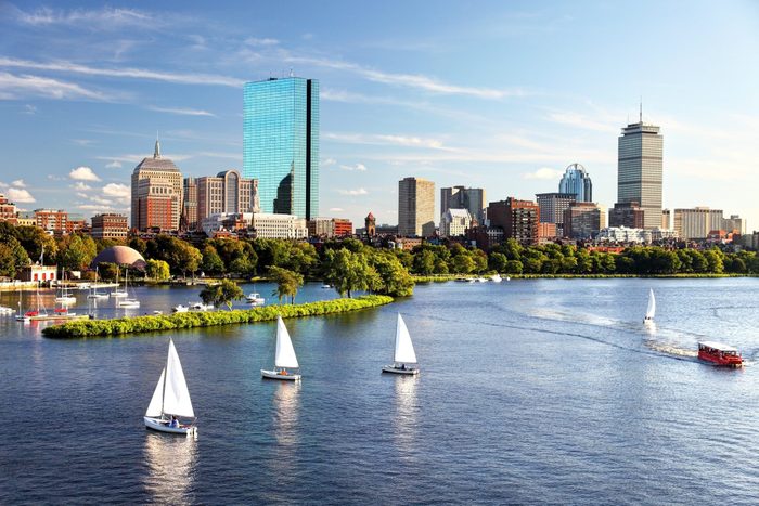 Sailboats on the Charles River with Boston's Back Bay skyline in the background