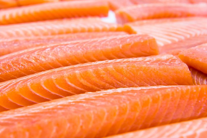 close up of fresh salmon in a grocery store