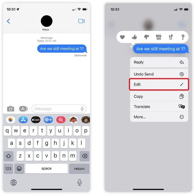 How To Edit A Text Message Iphone: Selecting the message and navigating to "Edit" in the dropdown menu