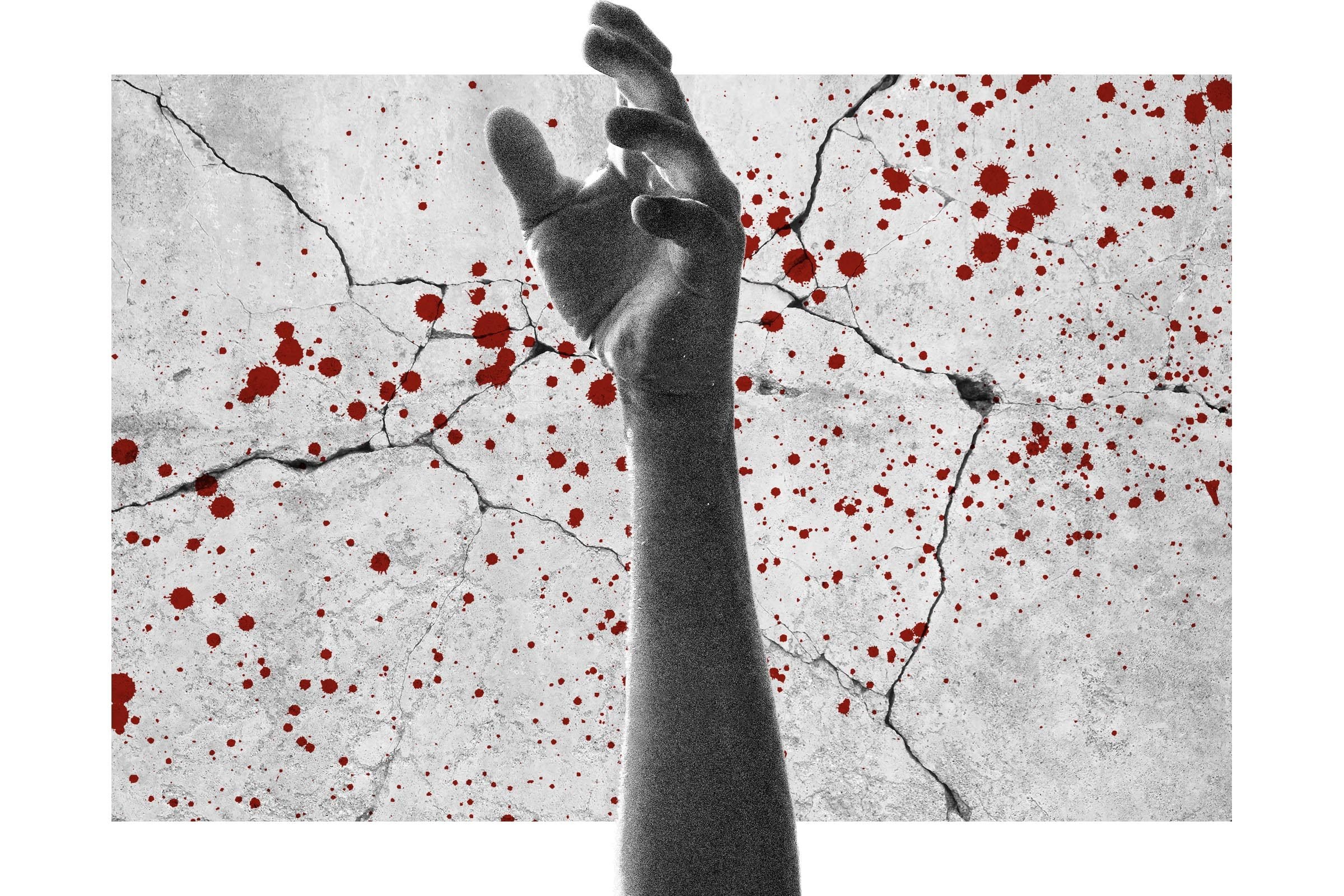 Collage of a hand reaching on a background of blood splatters