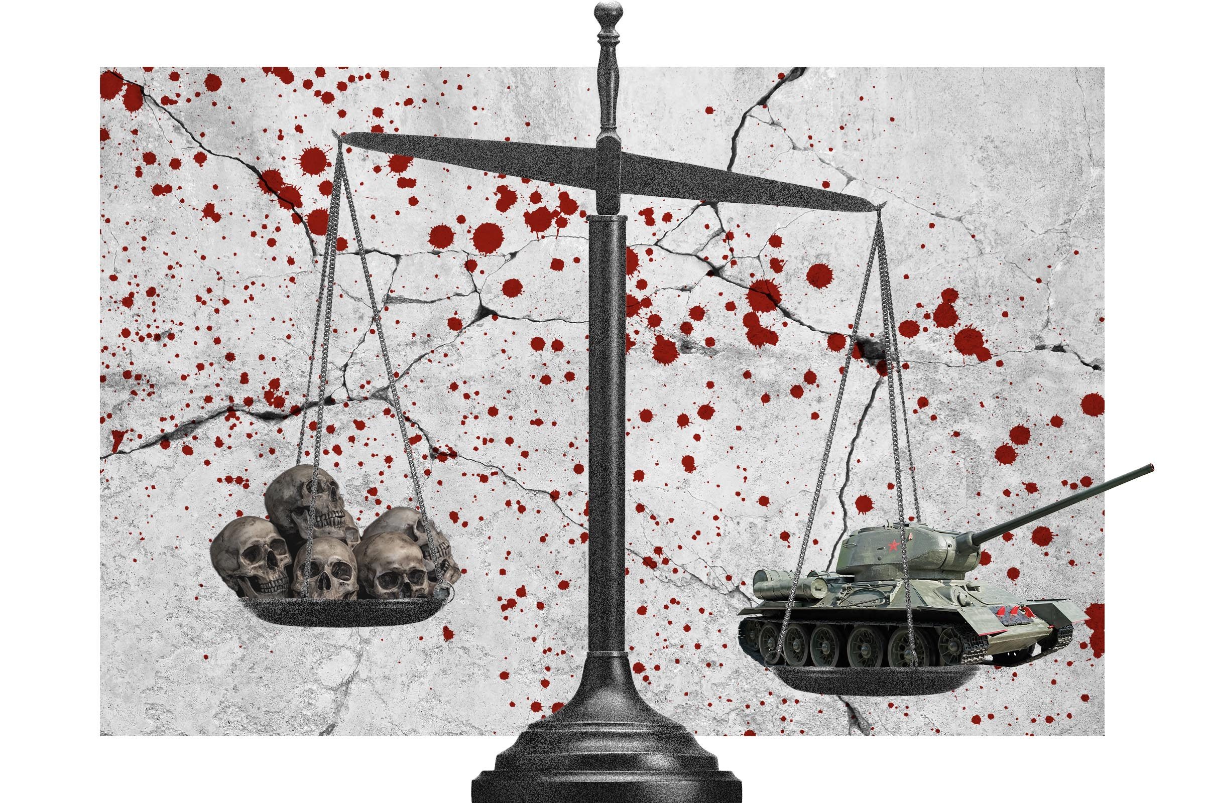 Collage of a justice scale holding skulls and a military tank with blood splatters