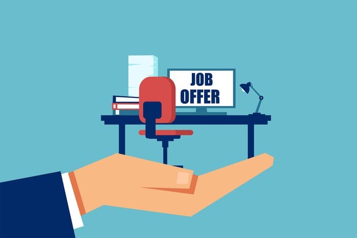 Cartoon Employer Offering Job Vacancy and hiring new worker on blue background