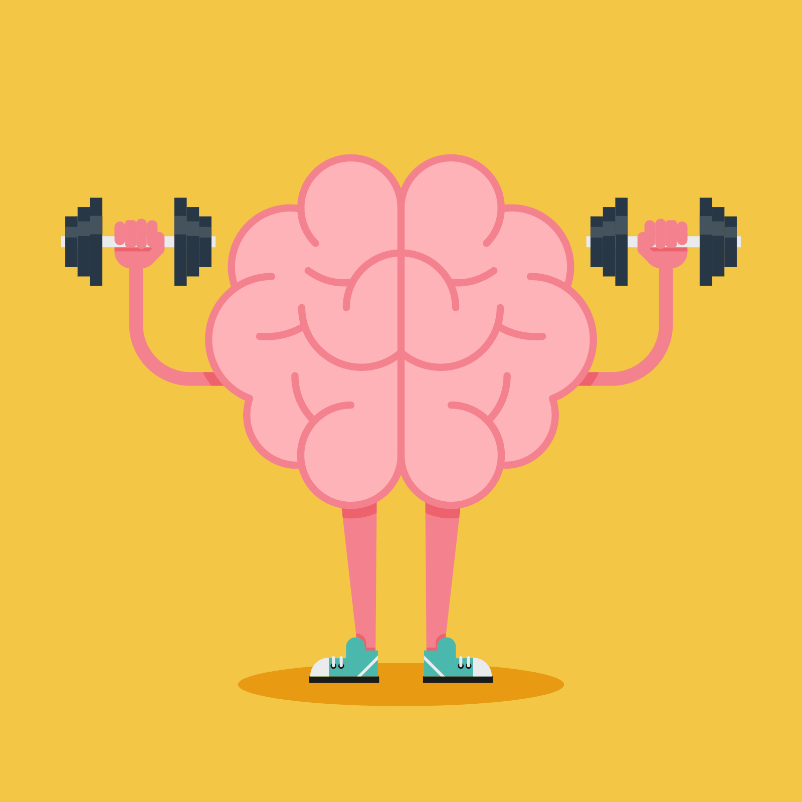 Brain with arms and legs lifting dumbell weights