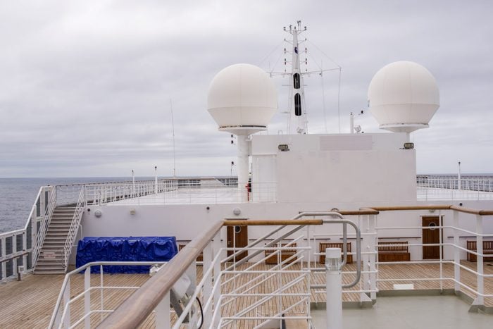 radome white balls on top of a cruise ship