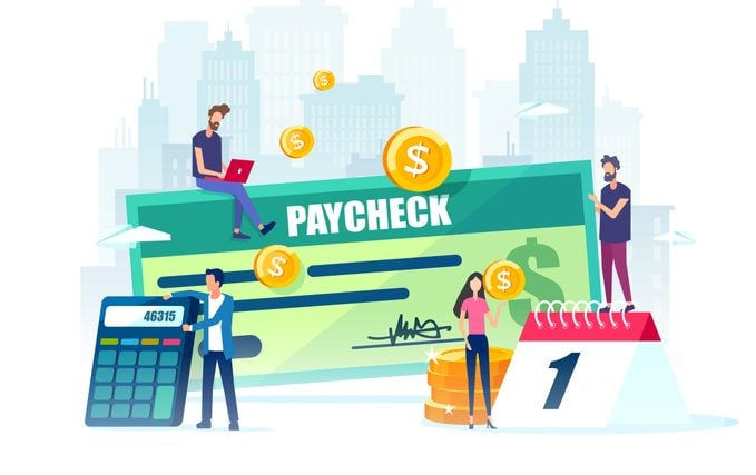 Vector of employees, calendar with payday and a paycheck