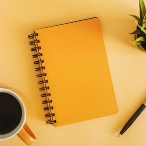 gratitude Notebook, pen, plant, and Coffee Mug on orange background