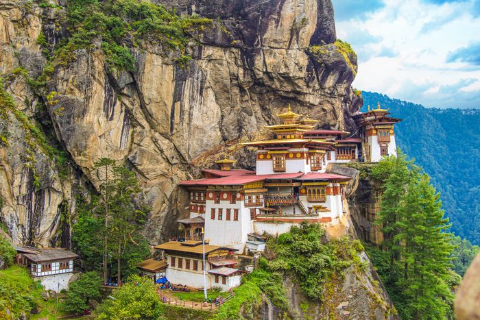 view of the Tiger's Nest monastery also known as the Paro Taktsang and the surrounding area in Bhutan.