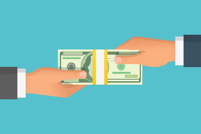 Human hand giving money to another hand illustration on a blue background