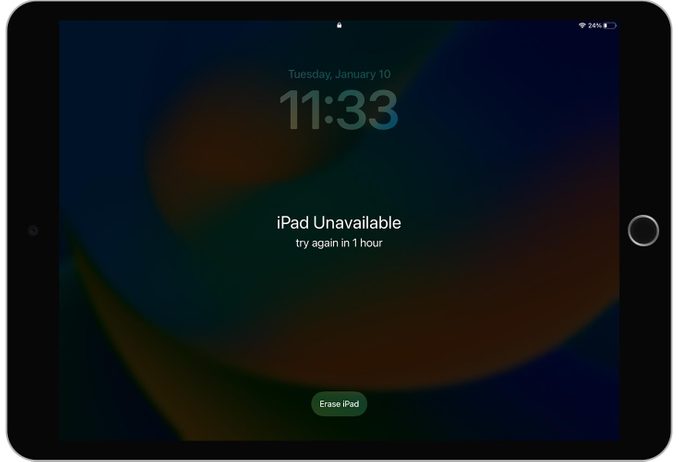 iPad showing an iPad Unavailable screen and Erase iPad button