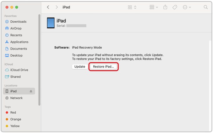 Finder window showing Restore iPad option