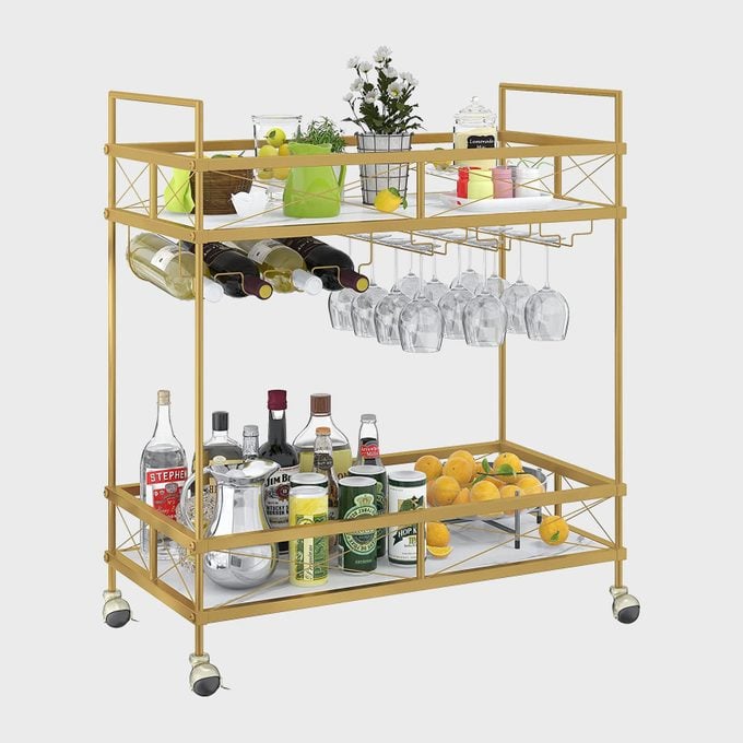 Oiog Gold Bar Cart With Wine Rack And Glass Holder
