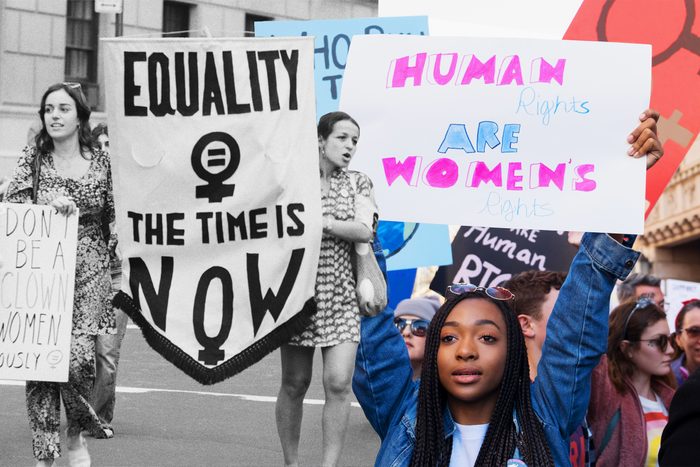 collage of a black and white photo of women protestors in the 1970s merging together with a colored photograph of woman protesters in 2022, both holding sights for women's rights
