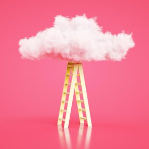 a yellow ladder climbing up to a fluffy cloud on a pink background