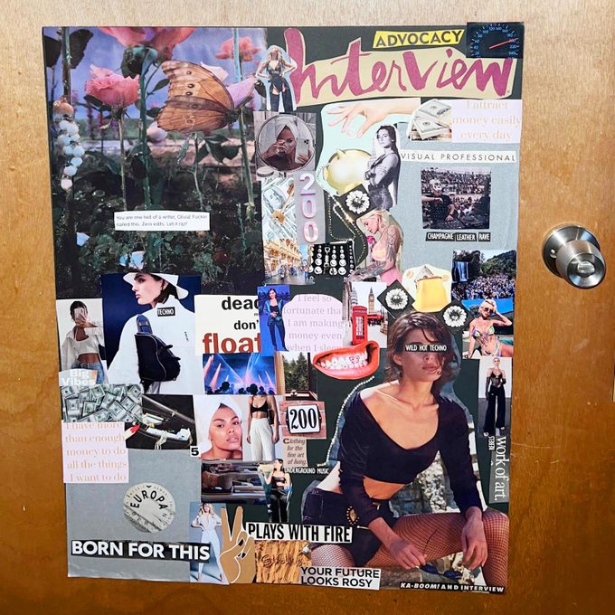 homemade vision board made with magazine clippings hanging on the back of a door