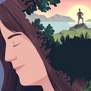 Illustration of a woman with closed eyes imagining hiking on a cliff