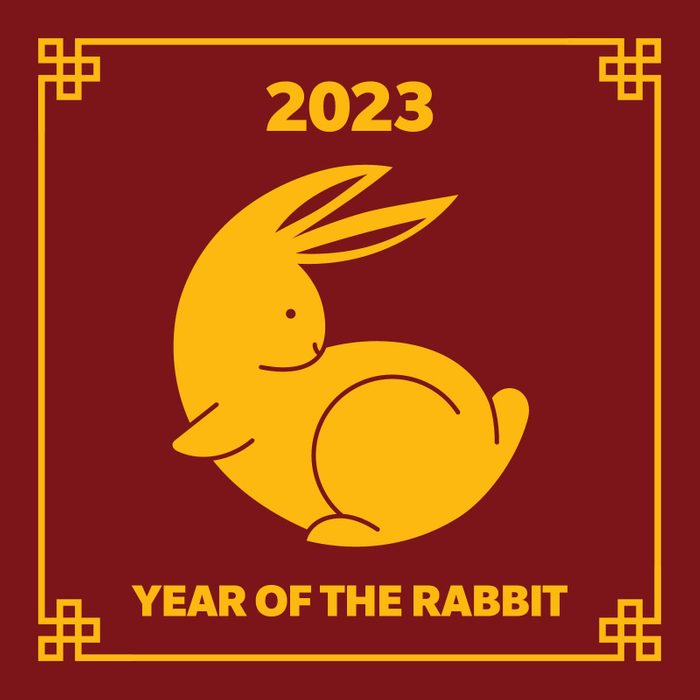 Illustration of a yellow rabbit on dark red background with decorative border and text: "2023 Year of the Rabbit"