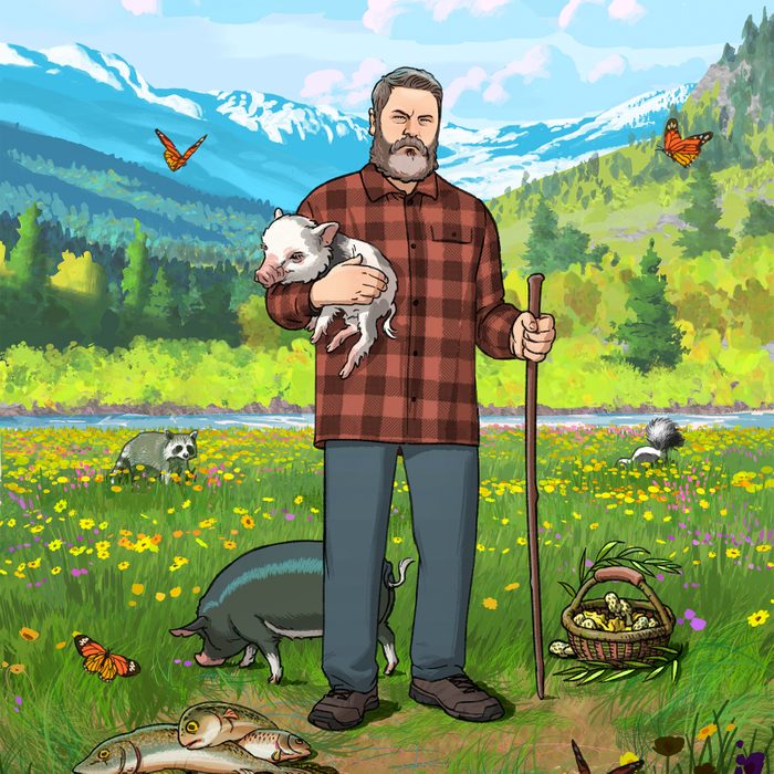 Illustration of Nick Offerman holding a piglet, surrounded by nature