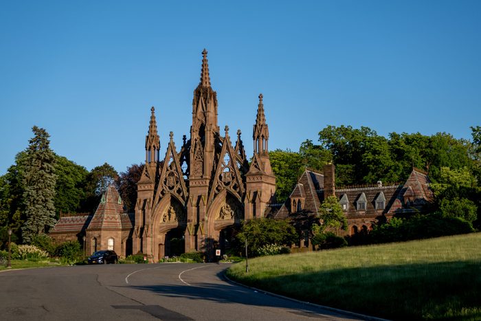 A view of the entrance arch of Green-Wood Cemetery in Brooklyn on June 17, 2021