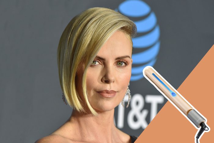 Charlize Theron with Hair Straightener product inset
