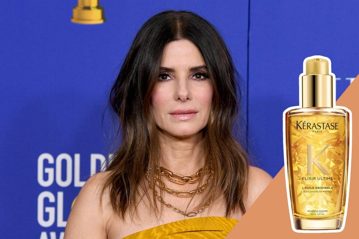Sandra Bullock with Elixir Ultime Hydrating Hair Oil Serum product inset