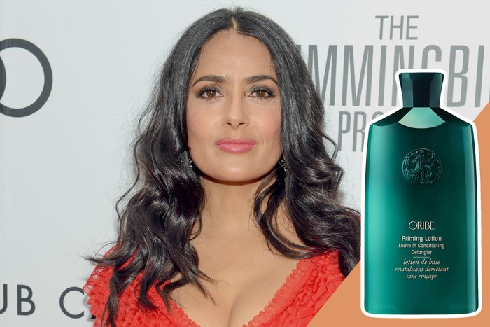 Salma Hayek with Hair Priming Lotion product inset