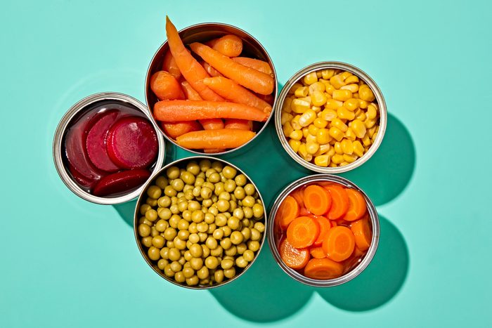 Top view of Canned Goods on a turquoise background