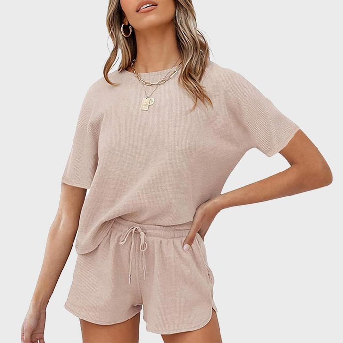 Merokeety Women's Short Sleeve Waffle Pajama Sets Lounge Top And Shorts