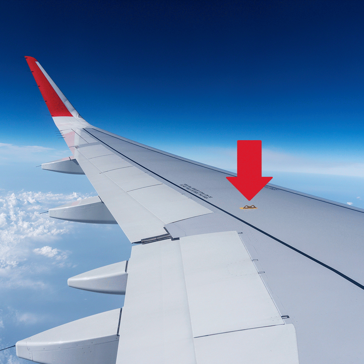 Red arrow pointing at yellow hooks on an airplane wing