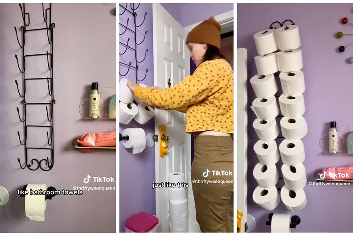 Toilet Paper Towel Holder Storage Hack Via @Thriftyweenqueen