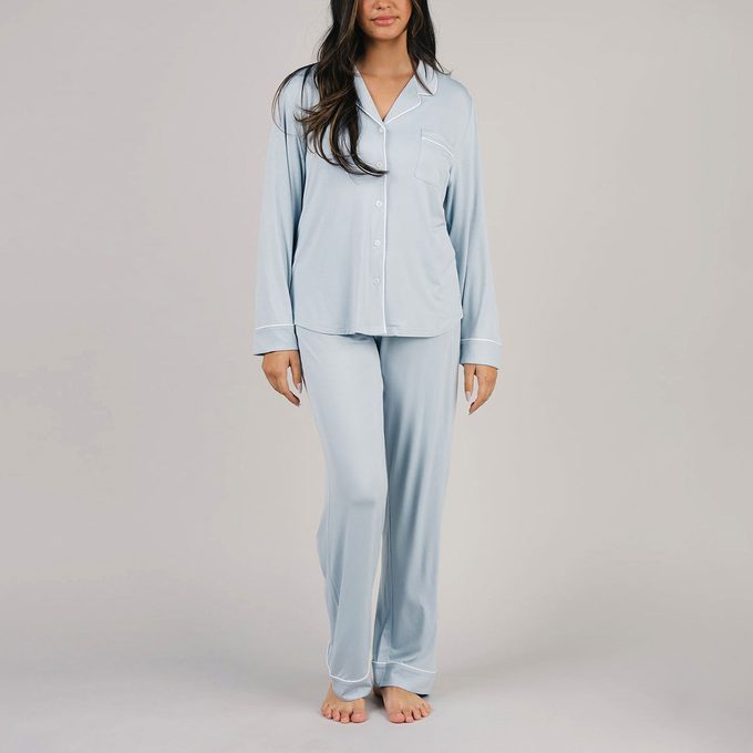 Womens Long Sleeve Bamboo Pajamas In Stretch Knit Powder Blue Color