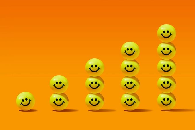 increasing bar graph made of yellow smiley face balls on orange background