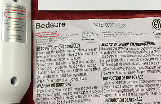 Bedsure Electric Blanket Recall Labels Courtesy CPSC