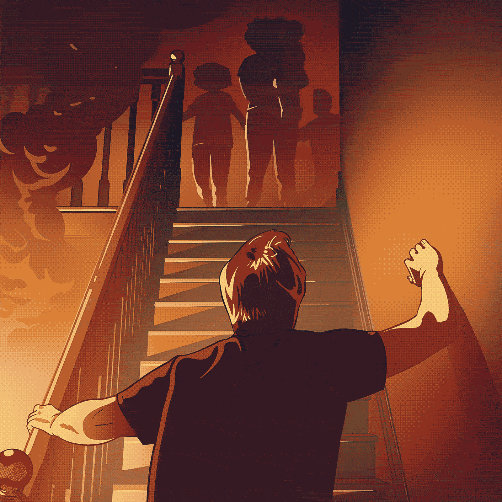 Illustration of Bostic looking up the stairs at the Barrett family
