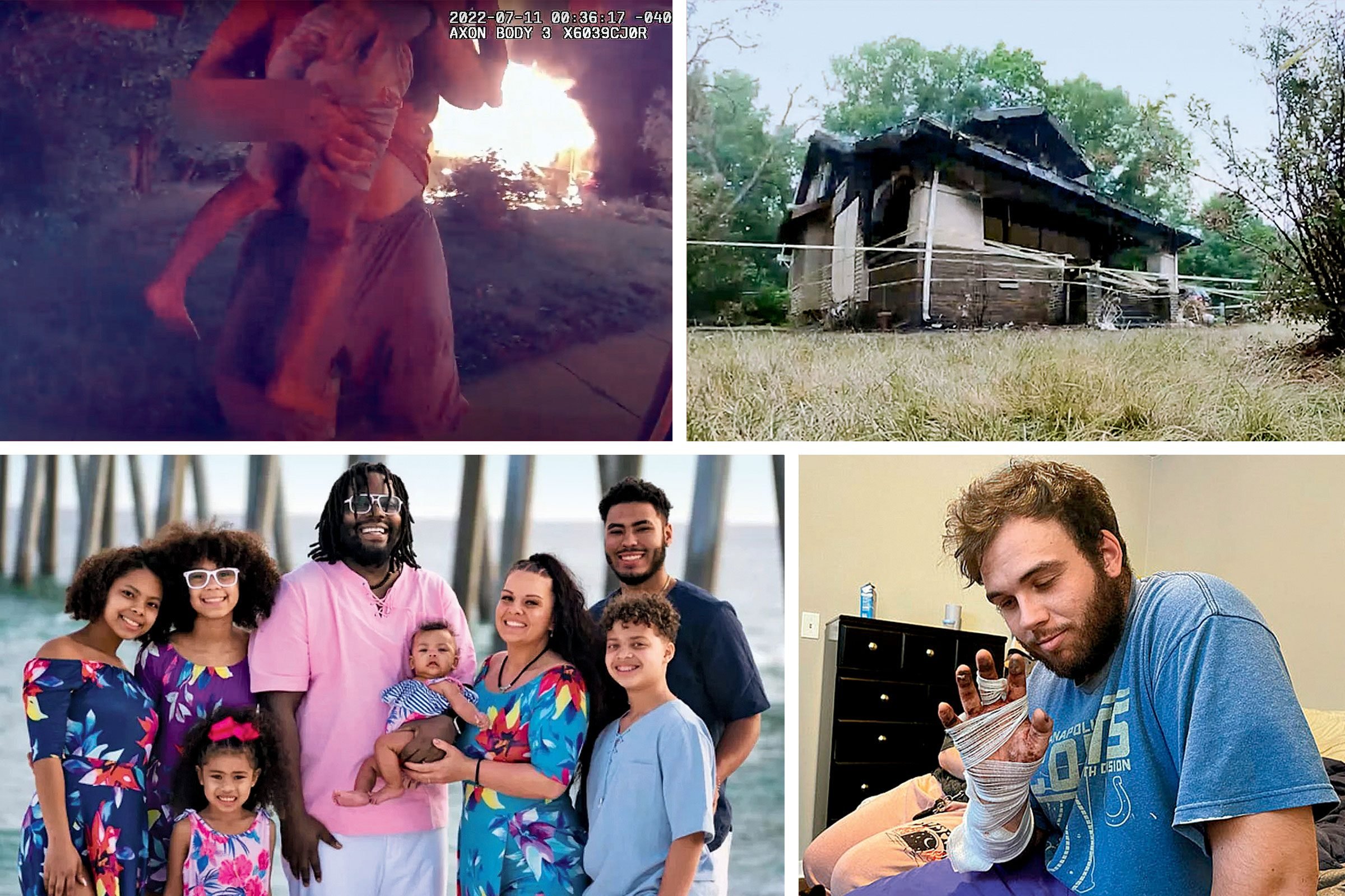 Clockwise from top left: A firefighter's bodycam showing Bostic and Kaylani; the destroyed house; Bostic recovering; Kaylani (with red bow) and her family