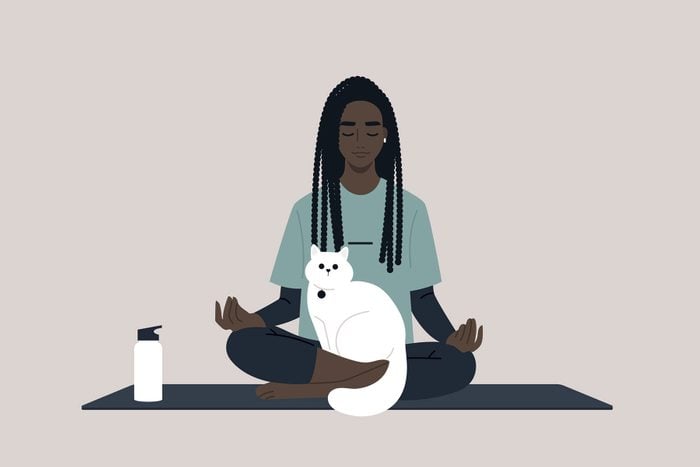 A Young Female Black Character Meditating With A Cat On Their Lap, Dealing With Stress, Yoga Workout At Home