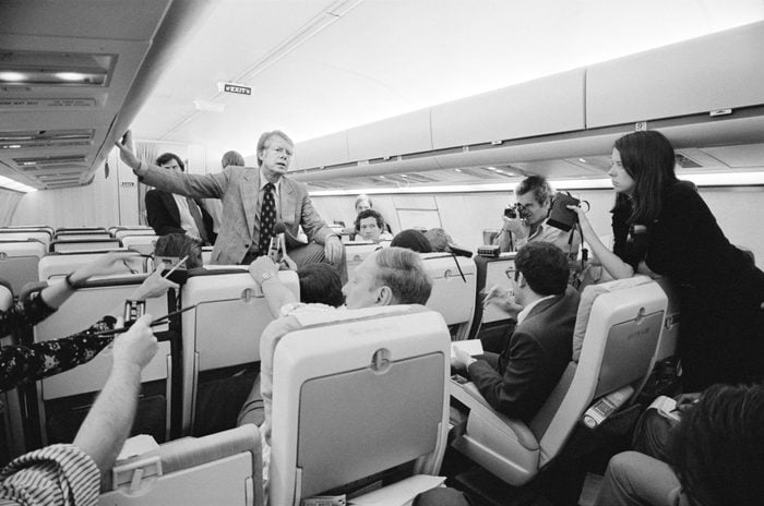 Democratic Presidential Nominee Jimmy Carter holding an informal Press Conference aboard "Peanut One" Campaign Airplane on Campaign Trip