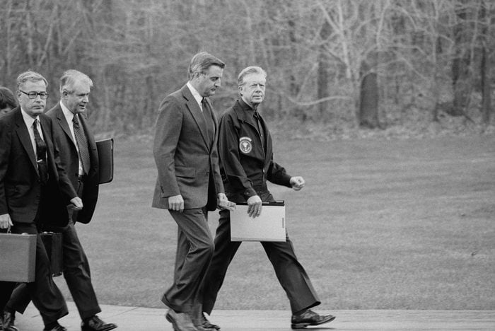 US President Jimmy Carter, Vice President Walter Mondale, Secretary of State Cyrus Vance, and Secretary of Defense Harold Brown