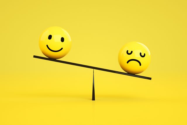3D Emoji with Smiley and Sad Face on Balance Board, Seesaw Scale