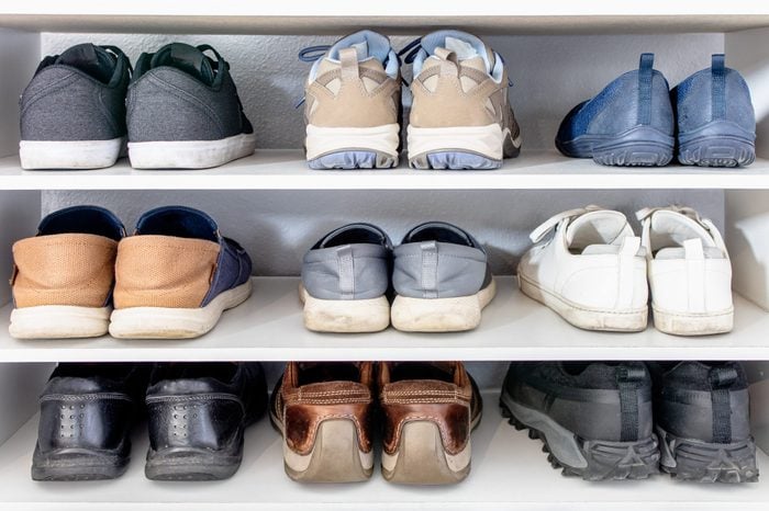 Footwear styles in the shoe rack.