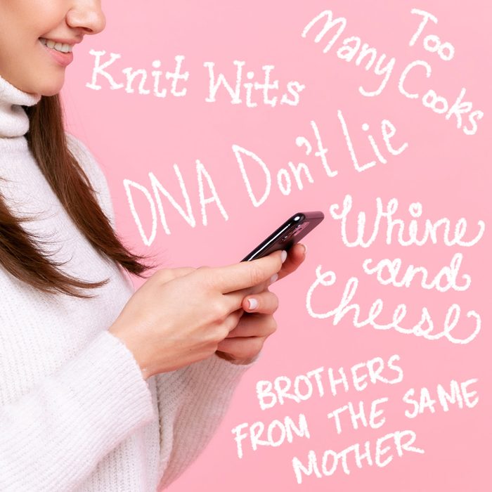 woman texting, pink background with group chat names handwritten in white