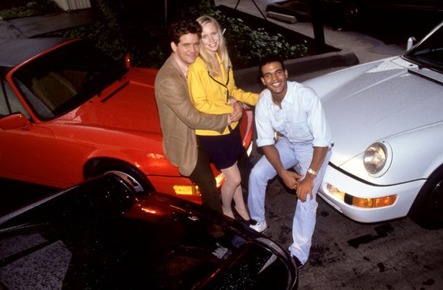 American actor, recording artist, and producer Michael Damian, American soap opera actress Lauralee Bell and American actor Kristoff St. John (1966-2019), pose for a portrait in April 1992 in Los Angeles, California. Damian portrays Danny Romalotti, Bell portrays Christine Blair and St. John portrays Neil Winters on The Young and the Restless
