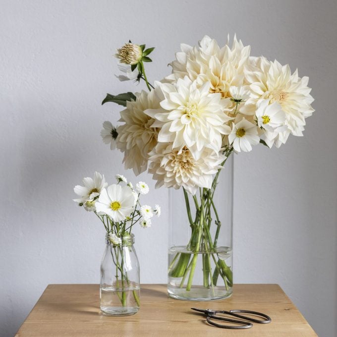 Bouquets of white seasonal flowers on night table