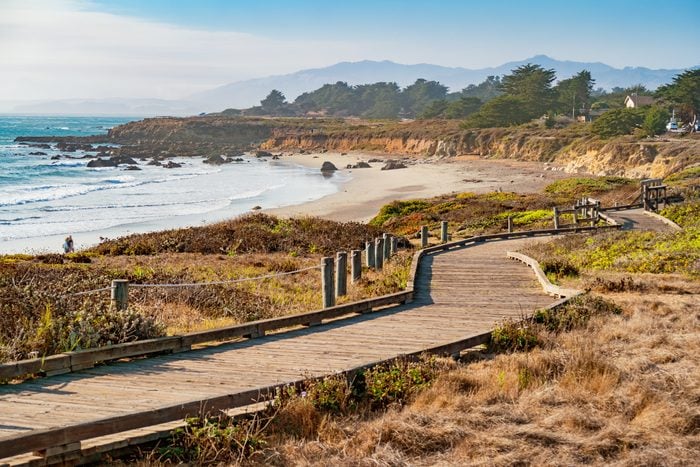 Coastline with boardwalk at Moonstone Beach in Cambria California