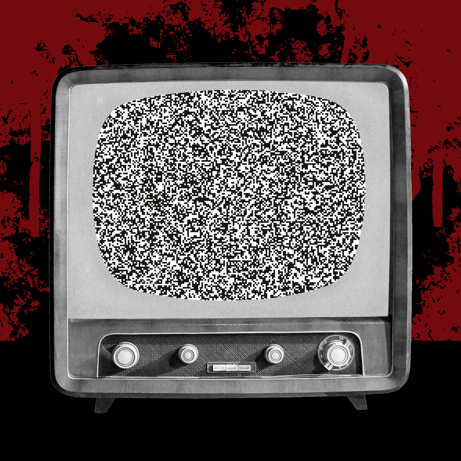 Question mark on an old television set with static, horror background