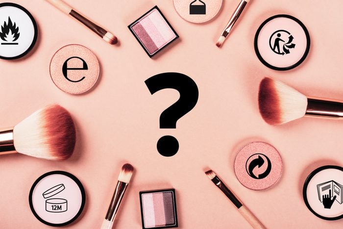 Question mark surrounded by Makeup products with makeup symbols overlaid