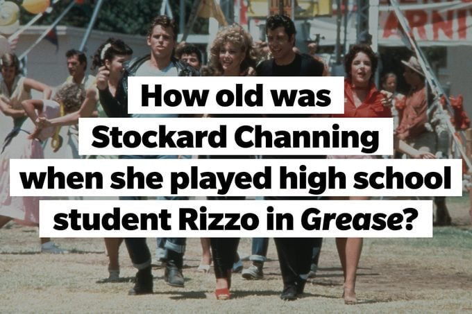 Still from Grease, TEXT: How old was Stockard Channing when she played high school student Rizzo in Grease?
