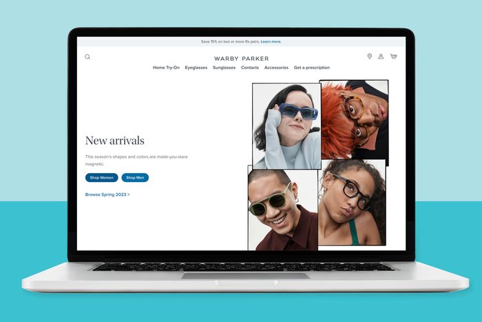 Warby Parker homepage displayed on a laptop