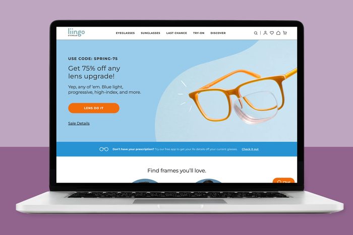 Liingo Eyewear homepage displayed on a laptop