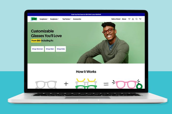 Pair Eyewear homepage displayed on a laptop