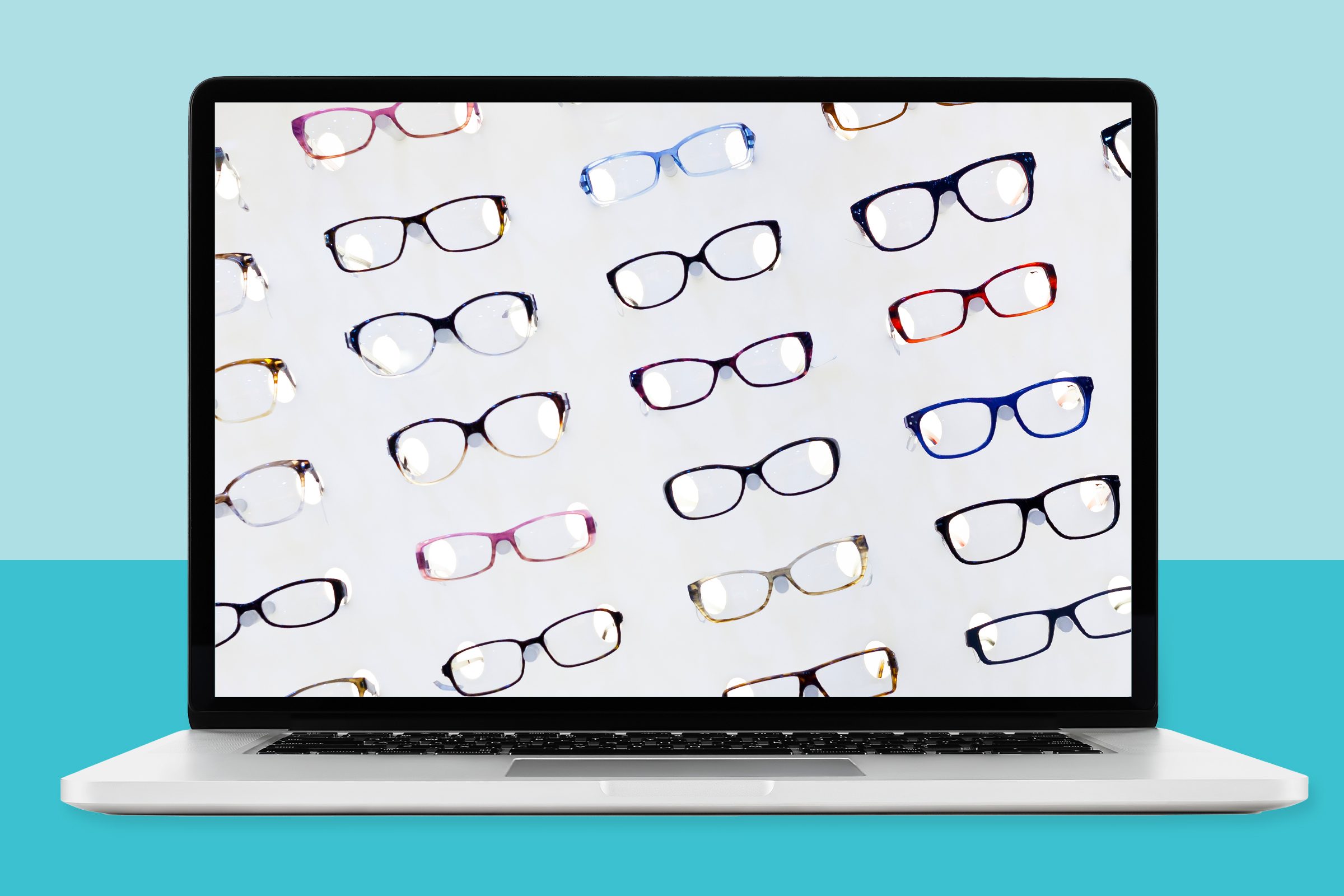 Different styles of glasses in a pattern displayed on a laptop